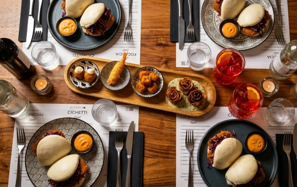 Il tavolo visto dall'alto: due bao con salsa, un vassoio di fritti e rose di salumi, due aperitivi rossi e le tovagliette con il menu stampato.